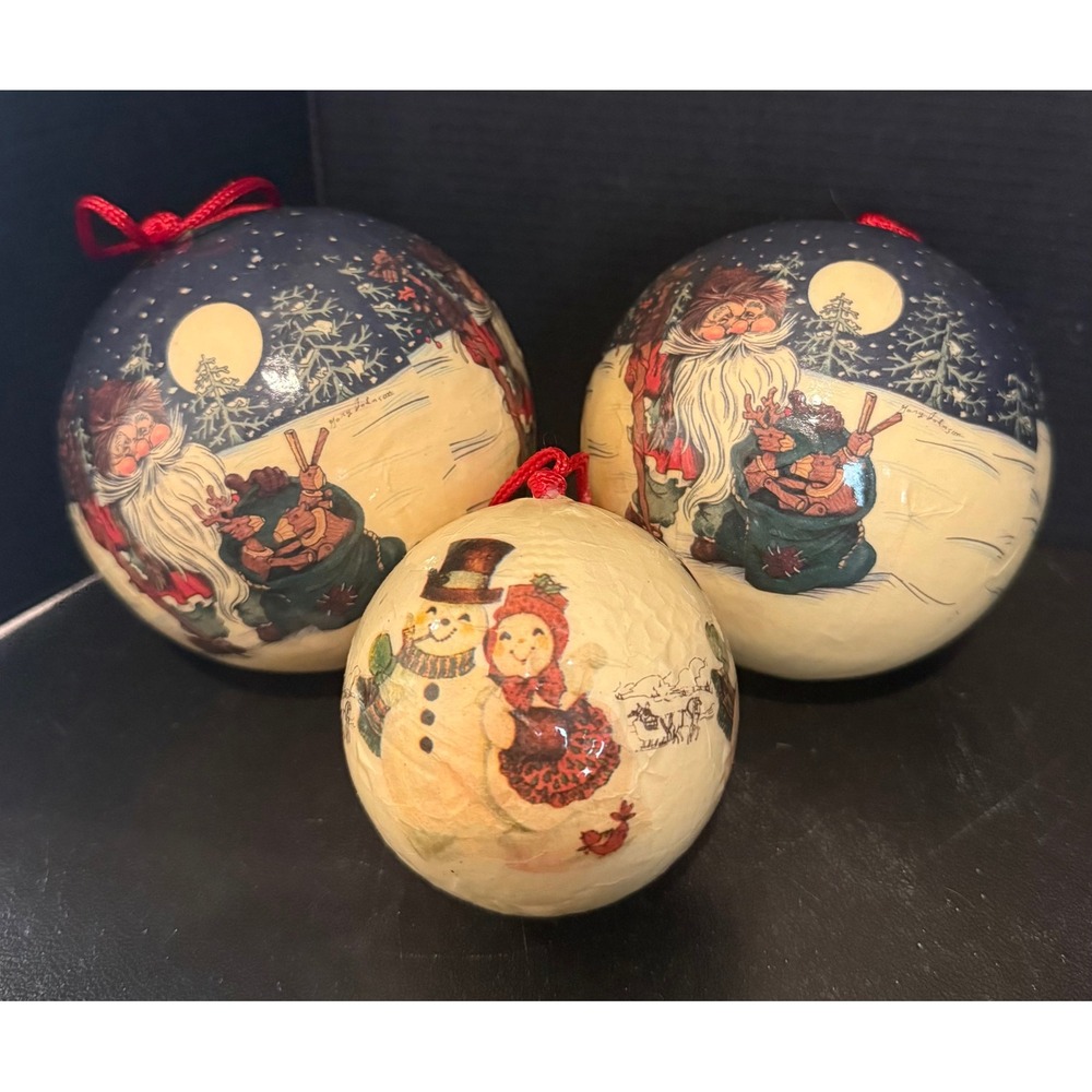 Christmas Holiday Ornaments Multicolor Santa‎ Snowman Decoupage 3 Piece Set